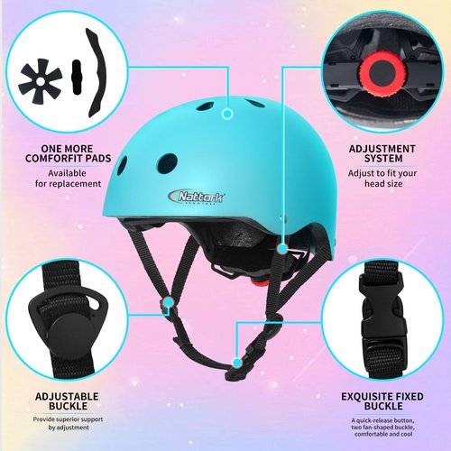 Nattork Kids Helmet Protective Gear, Removable Liner for Multi-Sports Skateboard, Skates, Bike, Scooter Teal Age 9-15 Youth Adults
