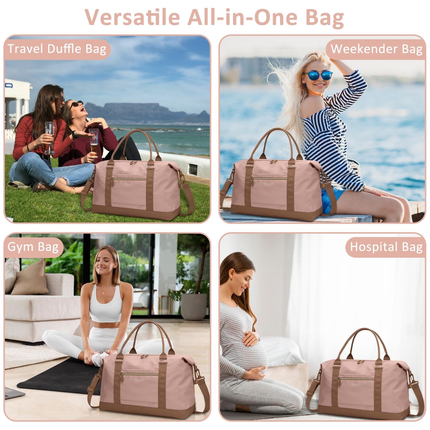 ELONGRIVER Travel Duffle Bag for Women, Weekender Bags, Hospital Bag for Labor Delivery, Lightweight Tote Duffel Overnight Bag with Luggage Sleeve, Airplane Travel Bags with Toiletry Bag, Large, Pink