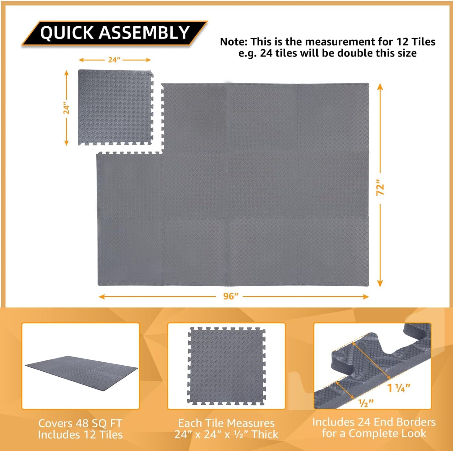 24 Pack, 96 SQFT - 24" x 24" - 1/2" Extra Thick Floor Exercise Mat for Home Gym or Floor Padding - High-Density EVA Interlocking Foam Floor Tiles for Gym Equipment, Play Area | Yoga, Cardio, Weights