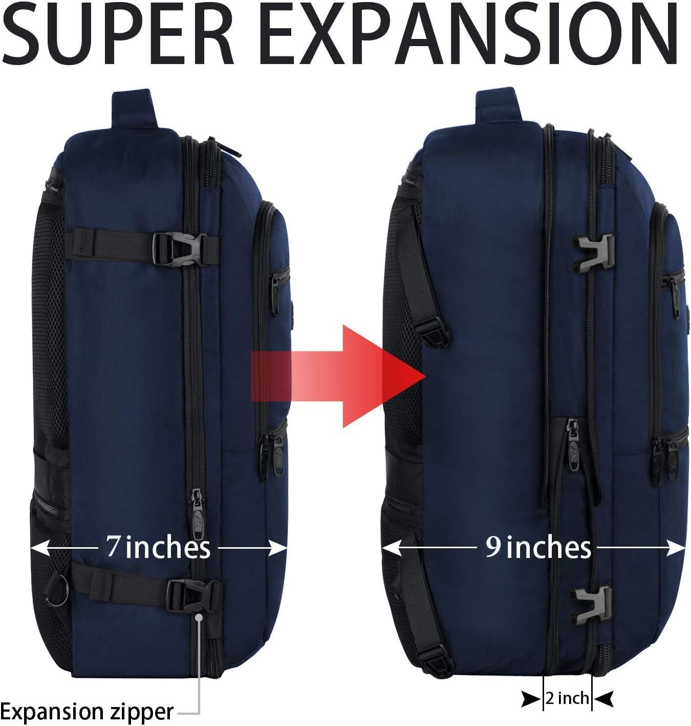 Vancropak Carry On Backpack, 45L Expandable Extra Large Travel Backpack, Flight Approved Water Resistant Luggage Suitcase Daypack, Lightweight Personal Business Weekender Bag for Men & Women, Blue