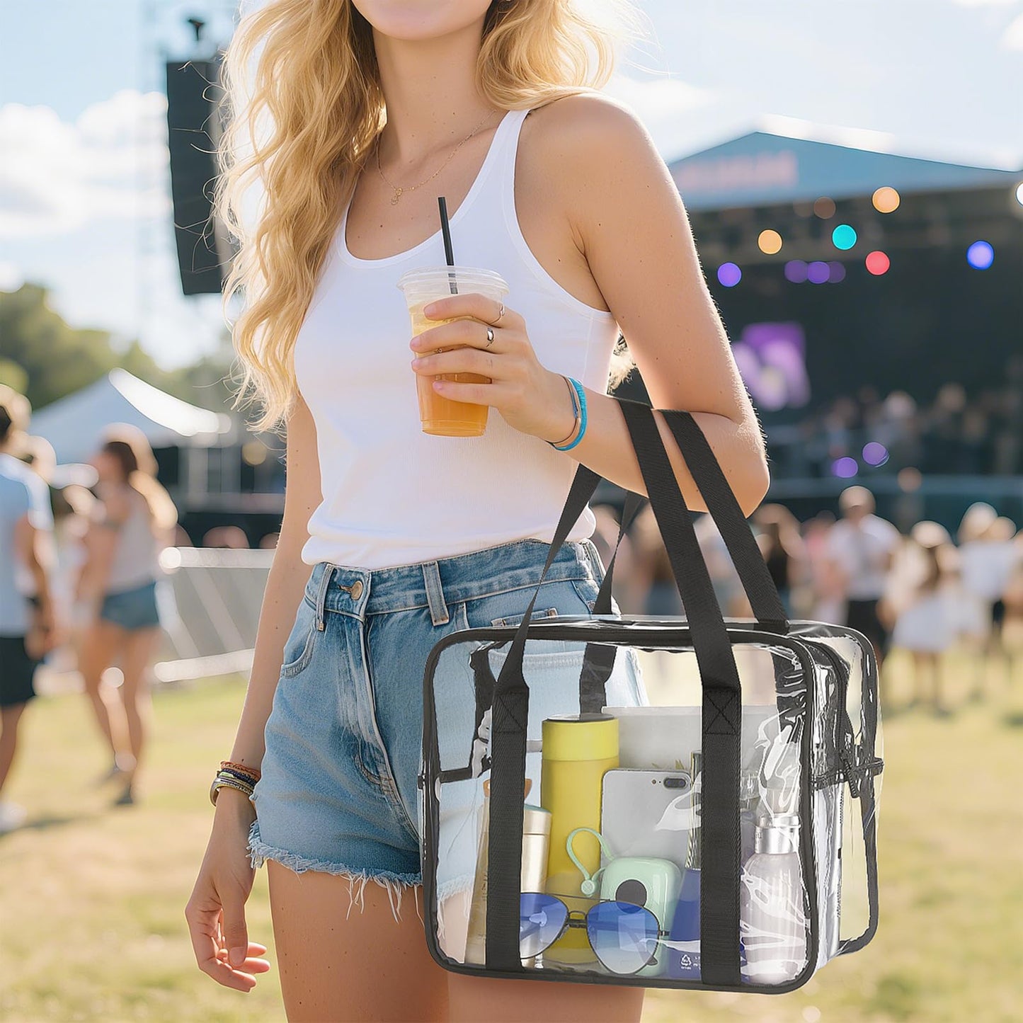 HAOGUAGUA Extra Large Clear Cosmetic Makeup Bag, Transparent PVC Tote Shoulder Bag Stadium Approved, Waterproof Clear Toiletry Carry Pouch Makeup Artist Bag Diaper Bag (Black)