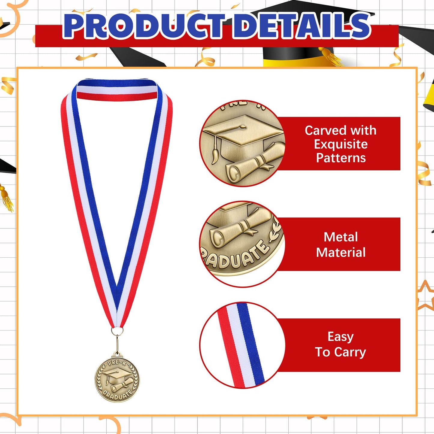 Remuuly 30/60 Pcs Kindergarten Graduation Award Medals for Kids 2'' Preschool Award Medallion with Neck Ribbon Congrats Graduation Gifts for School Student Party Favor(30 Pcs,Cap)