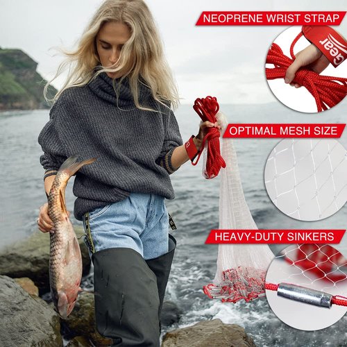 BasicGear Cast Net | Zinc Iron, 3ft Radius, 3/8 inch Mesh for Freshwater and Saltwater Bait Fish | Professional Grade and Upgraded Material | Throw Style