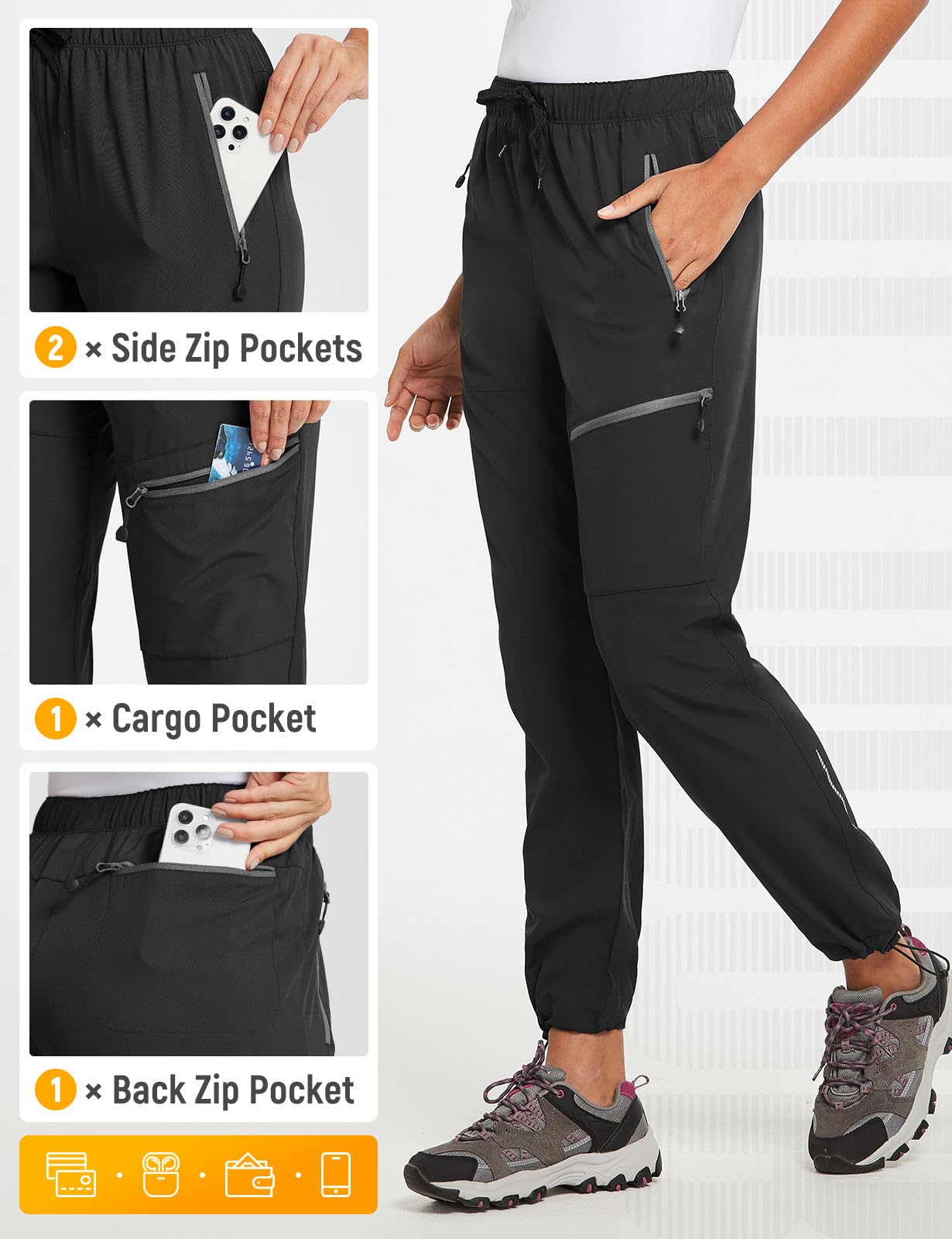 baleaf Travel Pants Women Hiking Long Tall Lightweight Quick Dry Water Resistant Cargo Pants 31'' Trip 31''-Black M