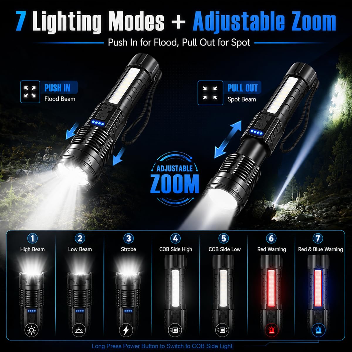 Rechargeable LED Flashlights, 99,000 Lumens Super Bright Handheld FlashLight, 7 Modes with COB Work Light, IPX6 Waterproof, Adjustable Tactical Flash light for Home,Camping and Emergencies-2 Pack
