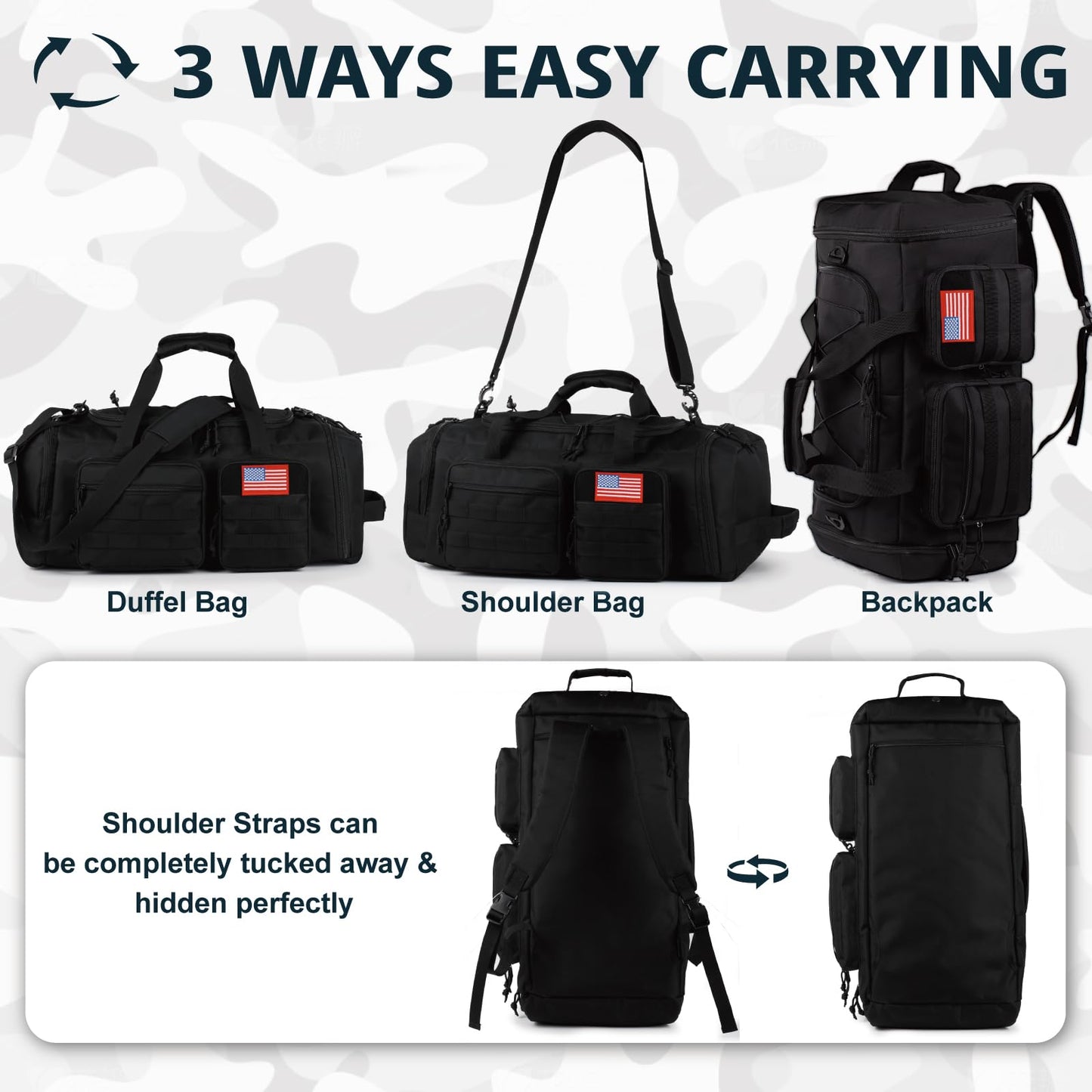 Tactical Gym Bag for Men，70L Large 3 in 1 Sports Duffle Bag with Shoes Compartment for Travel,Water Resistant Travel Backpack Weekender Overnight Bag with Wet Pocket for Women