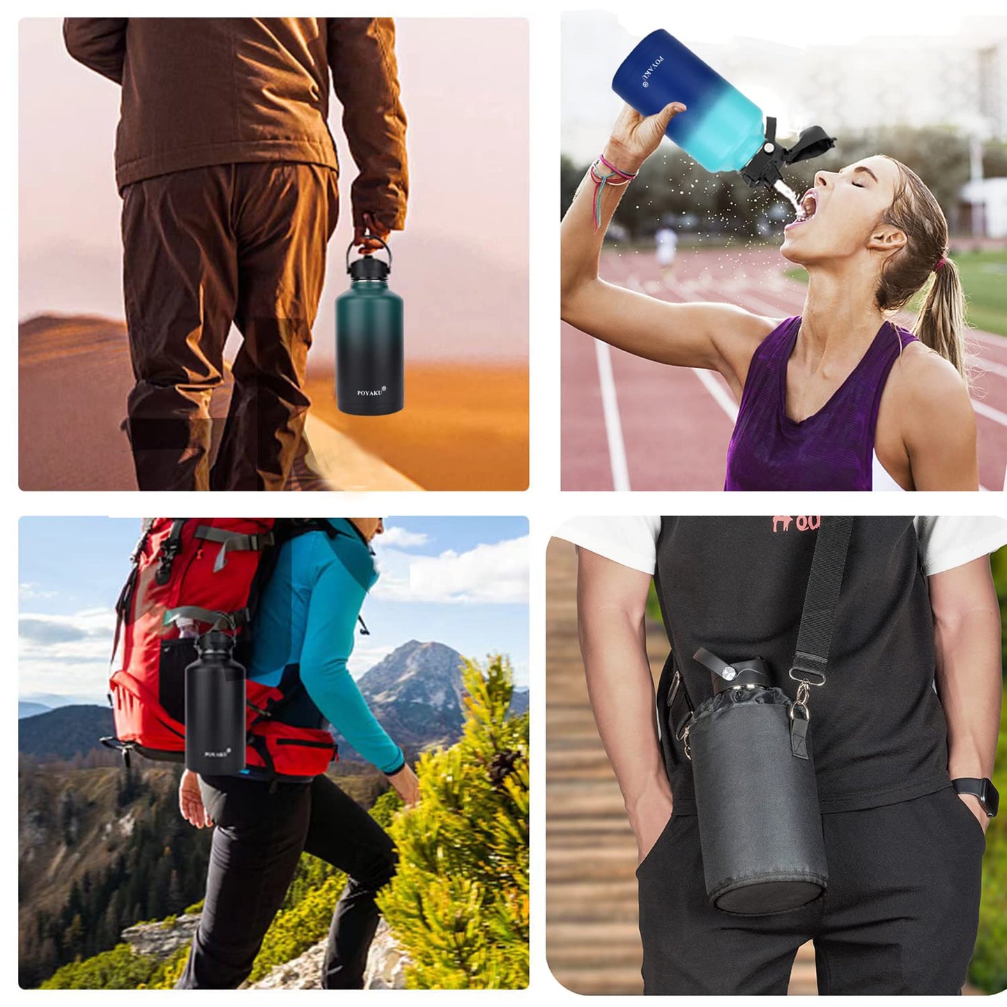 Water Bottle Insulated 32oz 40oz 64oz 128oz Straw Lid Spout Lid & 3 Lids, Leak Proof, Vacuum Insulated,Stainless Steel Water Bottle Wide Mouth for Sports, Gym or Office (Purple Black, 128 oz)