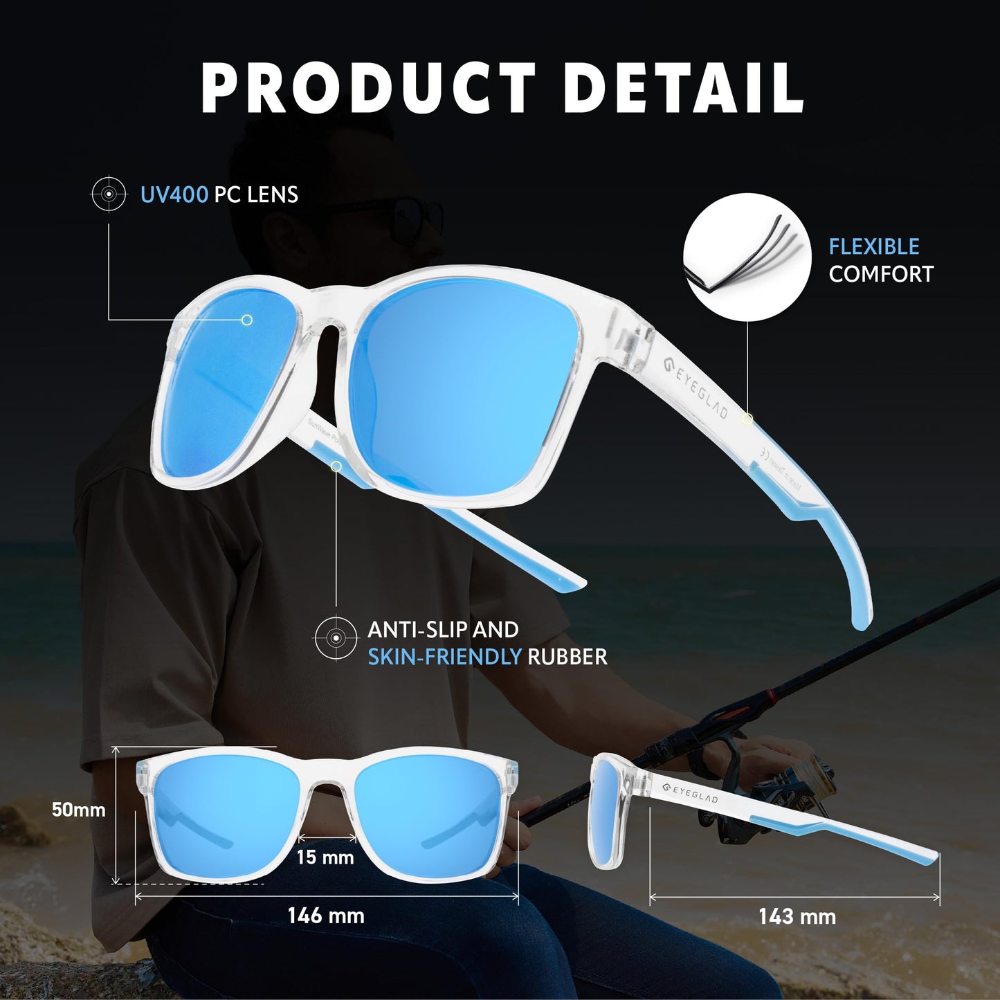 EYEGLAD SUNWAVE Ultra-lightweight Design Lifestyle Sunglasses Outdoor Fishing Polarized UV400 Men Women Running Sports (Glacier White)