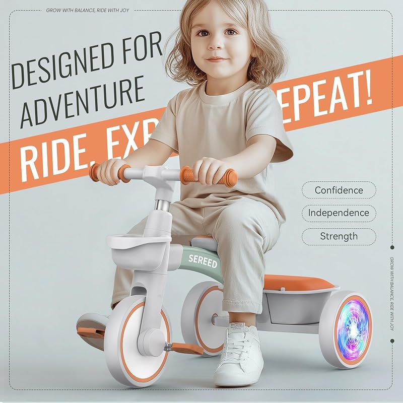 SEREED Colorful Light-Up Tricycle for Kids Ages 2-5 — Green, 3-Position Seat