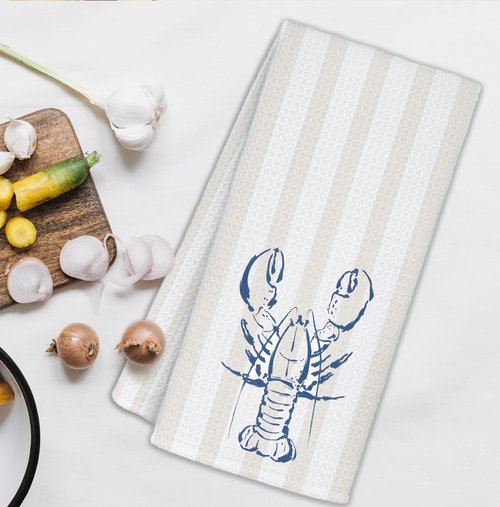 WUCHJ Lobster Beach Kitchen Towels, Nautical Coastal Striped Hand Towels for Bathroom, Beige Summer Beach Decorative Dish Tea Towels, Crawfish Boil Party Supplies, 16x24 Inch