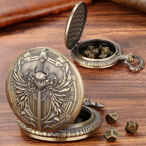 Mini DND Dice Set with Steampunk Paladin Pocket Watch Shell Case, DND Starter Set, 7pcs Polyhedral Mini Metal Dice Set, DND Gifts with Gift Bag, Role Playing Board Game Accessories,Bronze