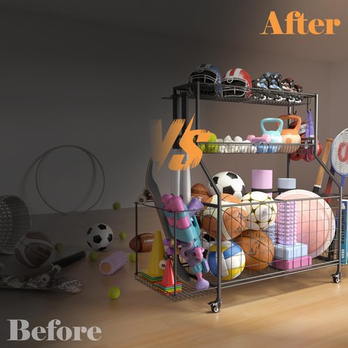 Sports Equipment Organizer, Garage Ball Storage Racks - Outdoor Toy Storage with 2 Side Racks & Removable Baskets, Heavy-Duty Garage Rolling Ball Cart with Wheels, Hooks for Sports Gear, Toys