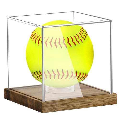 Hooqict Softball Display Case Clear Acrylic Ball Holder UV Protected with Wood Base Stand, Softball Case Display Box Championship Square Box for Golf Tennis Game Ball Baseball