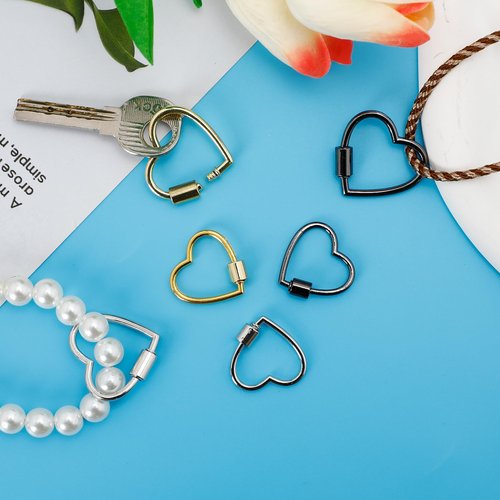 6pcs Heart Shape Screw Carabiner Keychain, Metal Heart Keychain Clip, Multi-Function Small Cute Locking Carabiner Hook in Gold White Black(30mm & 25mm)