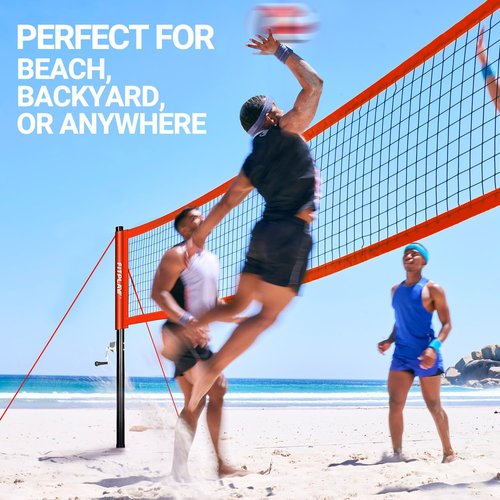 FITPLAY Professional Volleyball Net Set with Anti-Sag System,3 Height Adjustable Steel Poles,PU Volleyball,Pump,Boundary Line and Waterproof CarryBag for Outdoor,Backyard,Beach