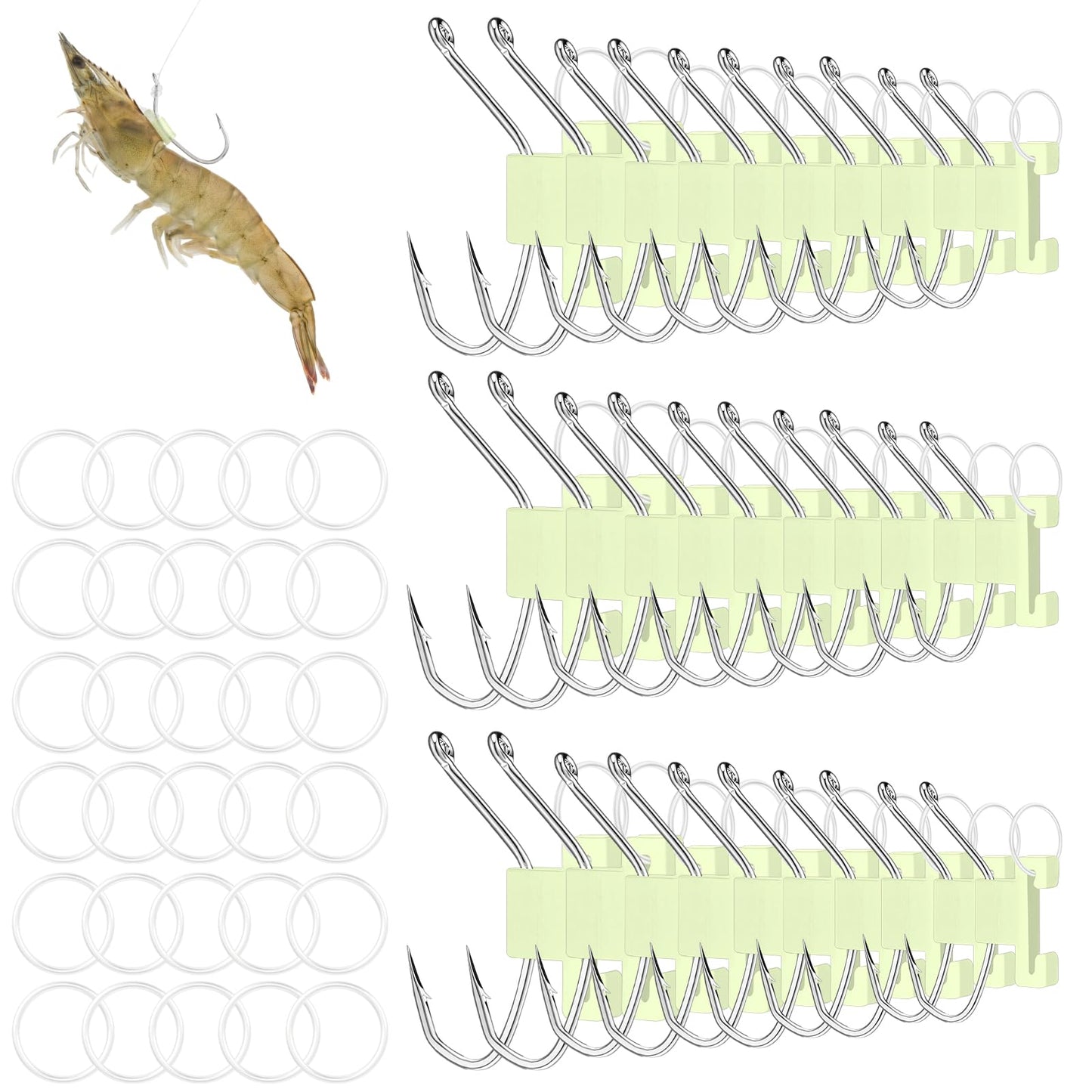 Motionchic 30 Pcs Luminous Live Shrimp Hooks Bulk Fishing Bait Hooks with Barbed High Carbon Steel Corrosion Resistant Sizes 15 16 17 18 20 for Bass Groupers Pike Catfish More Saltwater Freshwater