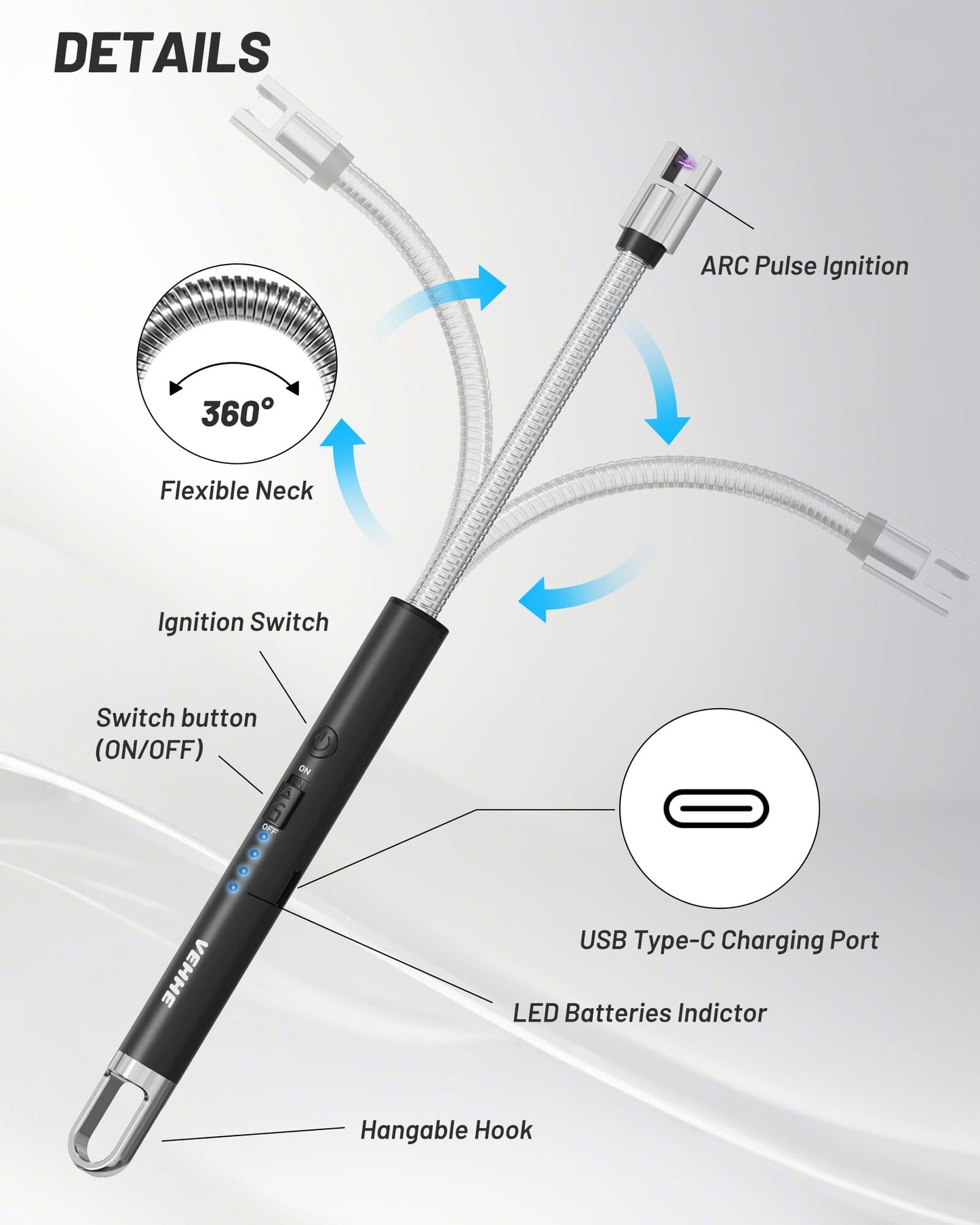 VEHHE Candle Lighter, Electric Rechargeable Arc Lighter with LED Battery Display Long Flexible Neck USB C Lighters for Light Candles Gas Stoves Camping Barbecue