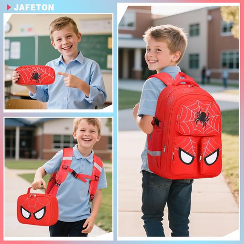 Jafeton School Backpack for Boys, 3 PCS Spider Boy Backpack Set with Lunch Box & Pencil Pouch, Waterproof Schoolbag for Boys Kids Children Teens, Elementary Middle School, Kids Bookbag Casual Daypack