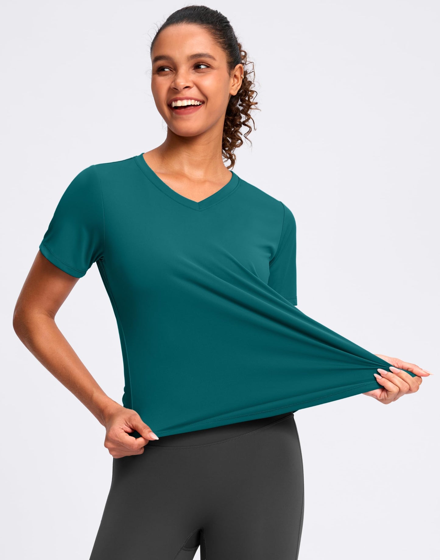 Womens Workout Shirts V-Neck Short Sleeve UPF 50+ Sun Shirt Moisture Wicking Dry Fit Top for Gym, Running, Athletic (Harbor Blue, XL)