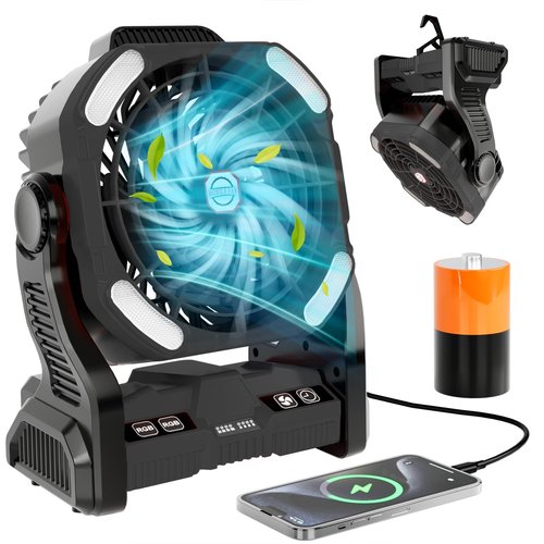 Sugoiti Portable Camping Fan 20000mAh Rechargeable Battery, 4-Speed Quiet Cooling Blower with LED Lantern, 4 Timing, Hanging Hook for Outdoor Picnic Tent Beach Fishing Black