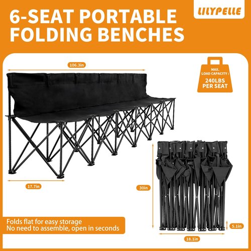 LILYPELLE Portable 6 Seat Soccer Bench for Team, Folding Chair Sideline Seating for Football Camp Sport Events Outdoor, With Carry Bag, 2Pack