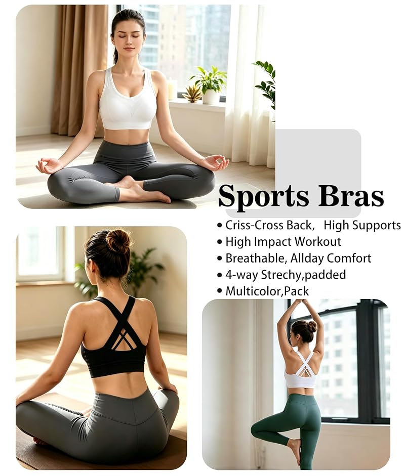 Double Couple High Impact Sports Bras for Women - 3 Pack (Black, White, Gray) Medium
