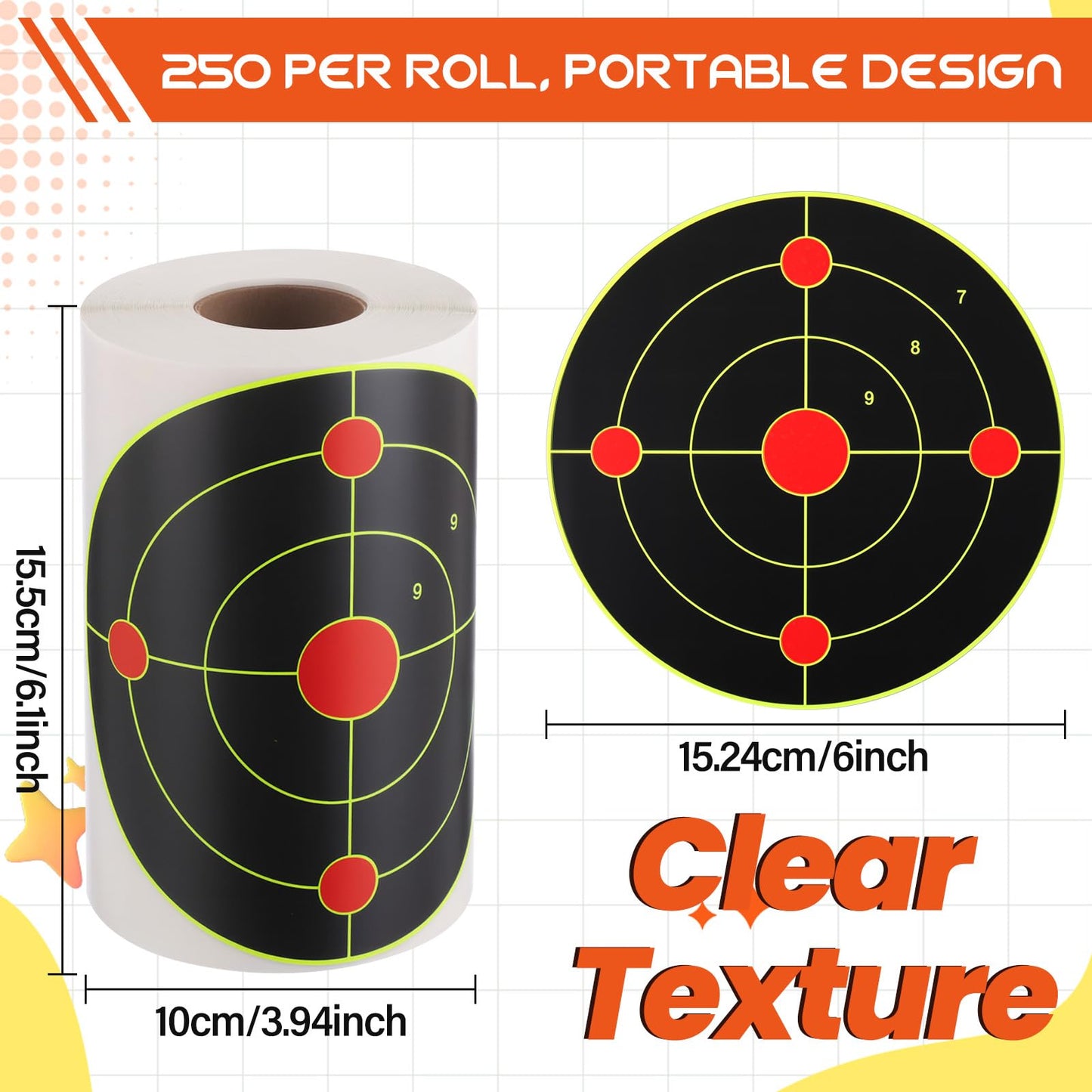 Teyva Daily 250 Pcs 6 Inch Splatter Targets Self Adhesive Shooting Target Stickers Paper Roll with Yellow Effect for BB Gun Airsoft Pistol Rifle Indoor Outdoor Shooting Range Archery Practice Training