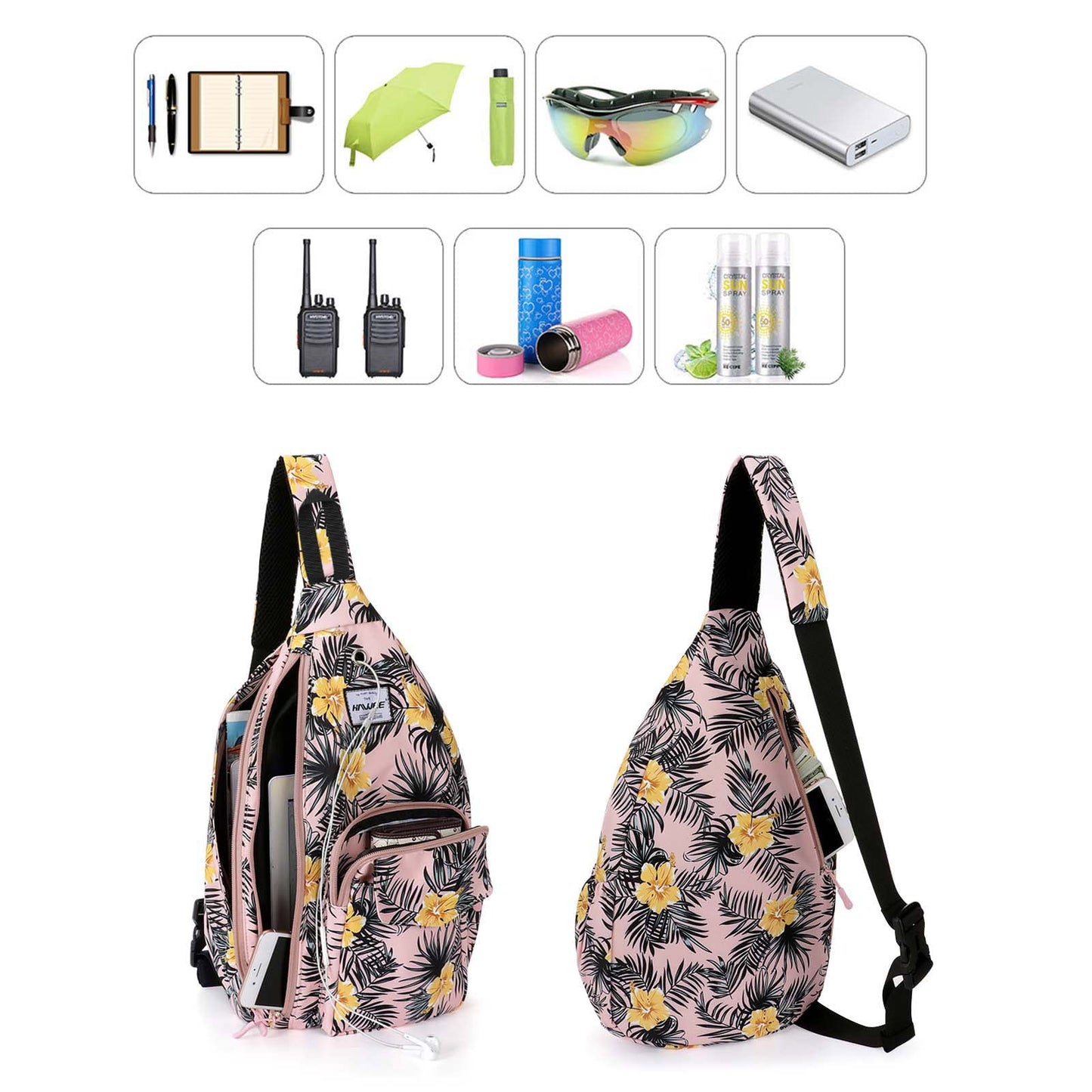 HAWEE Rope Sling Bag for Women Casual Cross Body Backpack Adjustable Anti-slip Strap/Bottle Pocket/Earphone Hole for Travel Hiking Sports, Hibiscus Orange