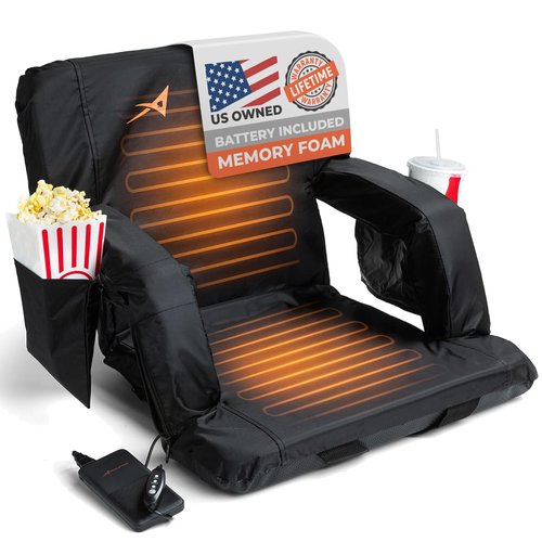 Aceletiqs Double Heated Stadium Bleacher Seat, 20-Inch Wide, Foam, Foldable, Cup Holders, Arm Rest, Reclining, Adjustable Backrest