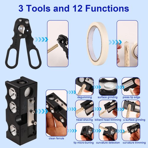 Lyreh 10-in-1 Billiard Pool Cue Tip Shaper, Pool Cue Tip Stick Repair Tool Kit Accessories Include Trimmer Scissors Replacement Blades Tape Instruction Manual L-Shaped Hexagonal Wrenches