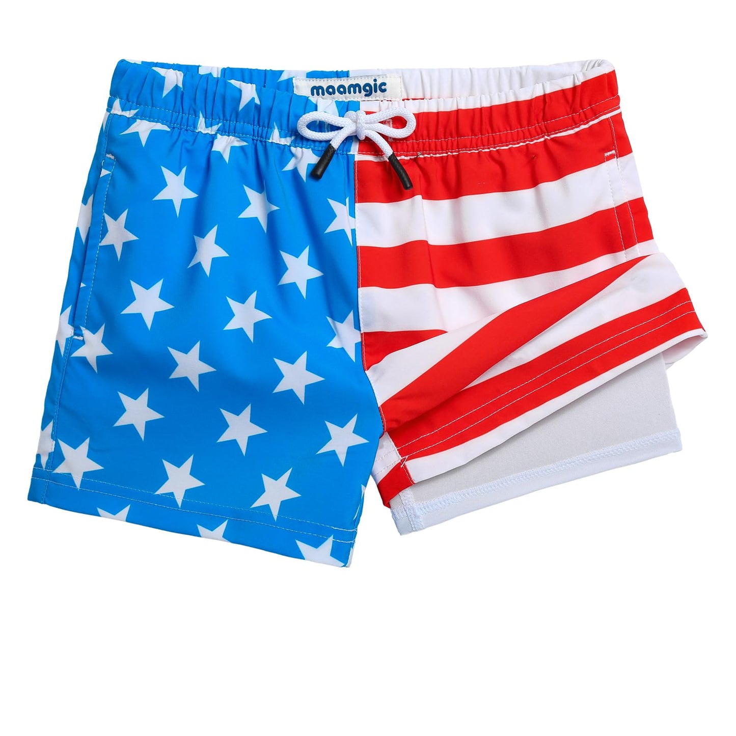 maamgic Boys Swim Trunks with Compression Liner Toddler Stretch Swim Shorts Quick Dry Swimming Trunks Boxer Brief 2 in 1 Beach Shorts American Flag 3T