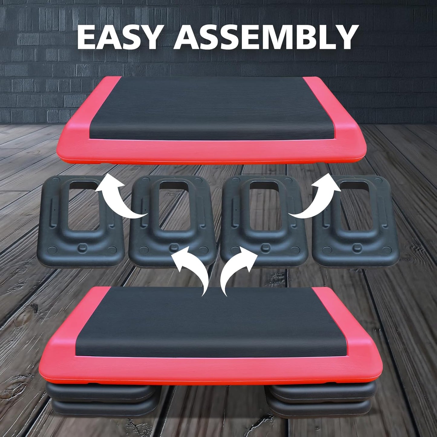 28.5'' Exercise Aerobic Step Platform, 4-6-8inAdjustable Fitness Stepper Workout with 4 Stackable Risers, Aerobics Stepper Workout Stepper for Home Gym Cardio Strength & Training (Red & Gray)