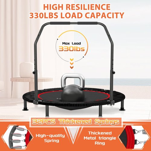 K KENSONE 40??Mini Trampoline for Adults with Purple Resistance Band, Fitness Rebounder for Indoor Workout with Adjustable Foam Handle, Small Home Exercise Equipment, Max Load 330lbs