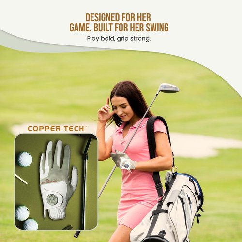 Copper Tech Plus Women’s Copper Infused Golf Glove – White/Khaki – Compression Support, Non-Slip Grip, Arthritis Relief, Pain Support, USGA Approved, One Size