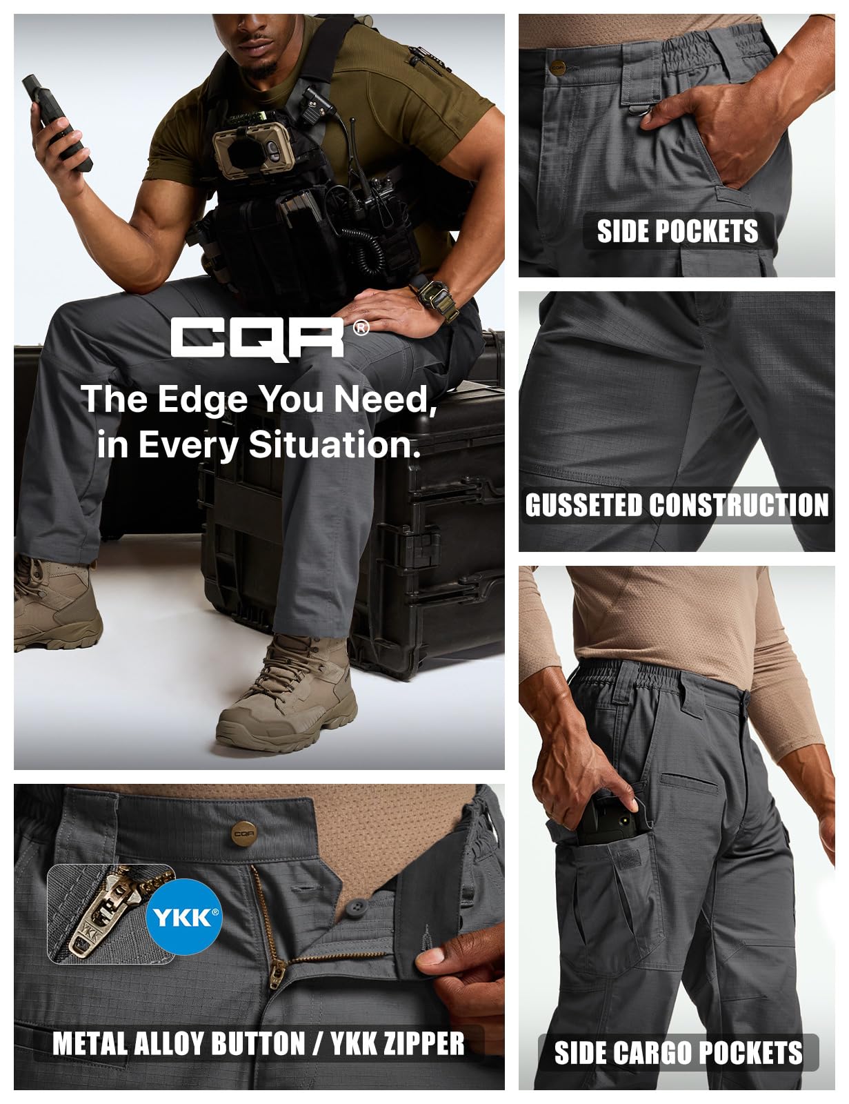 CQR Men's Tactical Pants, Water Resistant Ripstop Cargo Pants, Lightweight EDC Work Hiking Pants, Outdoor Apparel, Raider Mag Pocket Charcoal, 38W x 32L