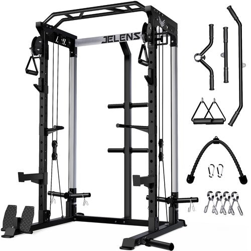 JELENS Power Cage, 2000LBS Multi-Function C21 Power Rack with Dual Pulley Cable Crossover System, All-in-One Squat Rack with More Training Attachments