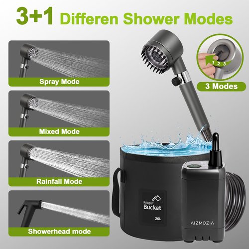 Rechargeable Camping Shower Pump, 9000mAh Portable Shower for Camping, 4 Sprayer Modes Electric Outdoor Shower Head IPX7 Waterproof USB Battery Powered Kit with 5 Gallon Bucket&Foot Pad (Blue)
