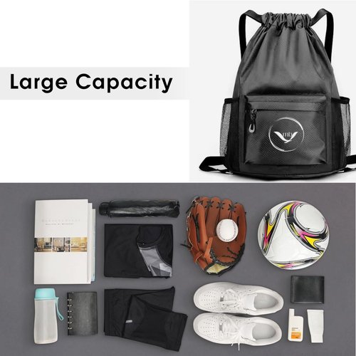 MockingBird Extra Large Drawstring Backpack Black |Gym Bag with Wet & Dry Compartment| Basketball Bag Sackpack for Men Women |Sports Bag Backpack for Swim Soccer Accessories Essentials