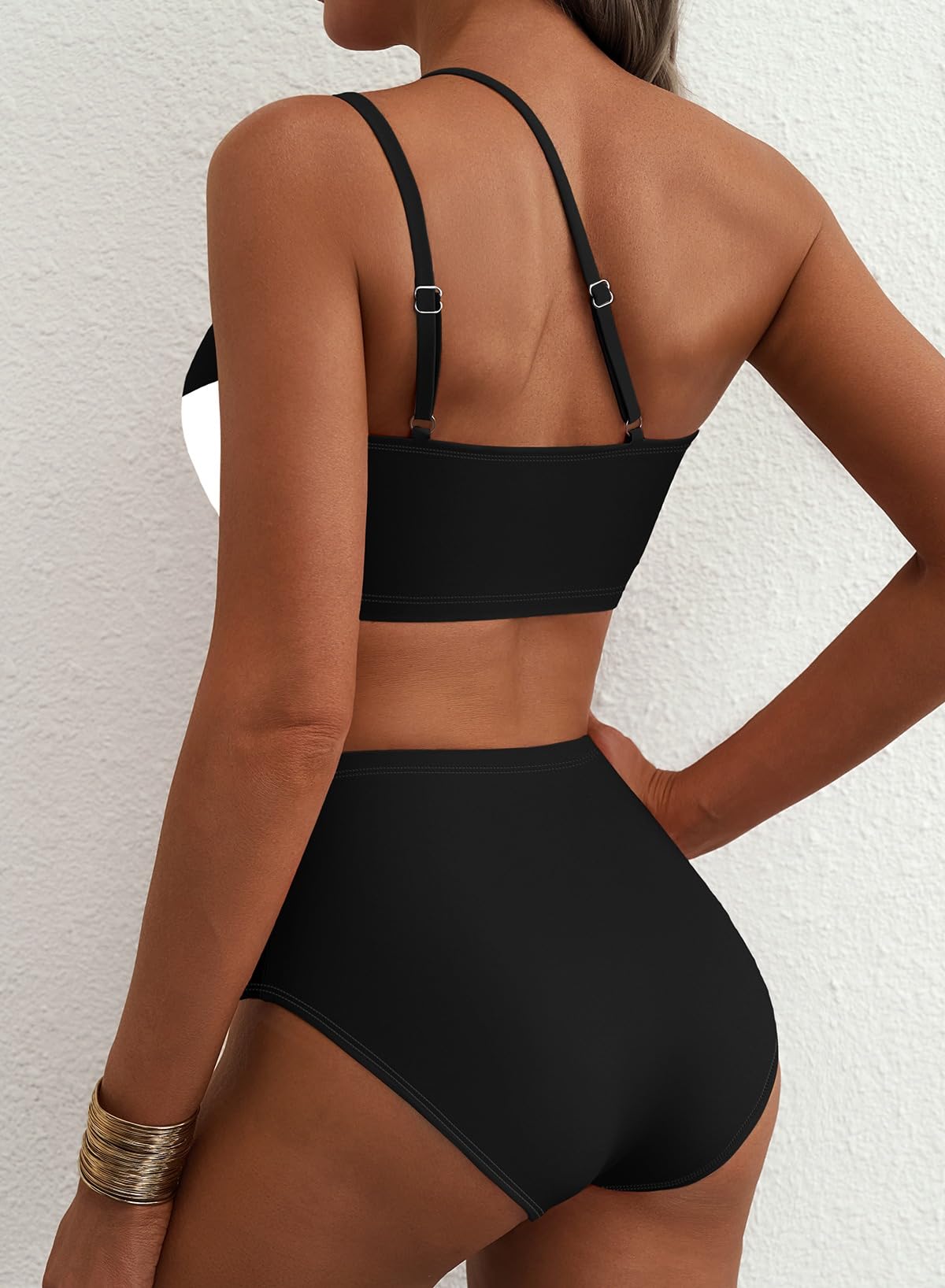 Herseas Women Bikini Sets One Shoulder Floral Print Push Up Swimsuits High Waisted Tummy Control 2 Piece Breathable Bathing Suits Cute Beach Vacation Clothes for Teens Black White Abstract Medium