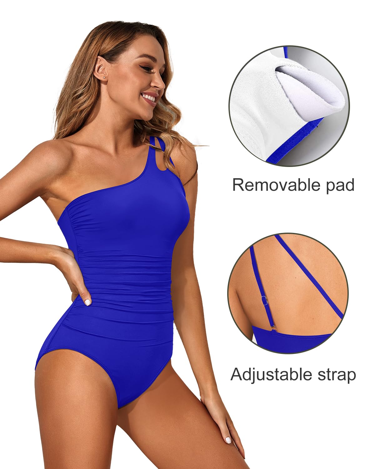 Holipick One Shoulder One Piece Swimsuit for Women Tummy Control Bathing Suits Modest Full Coverage Keyhole Swimwear Royal Blue