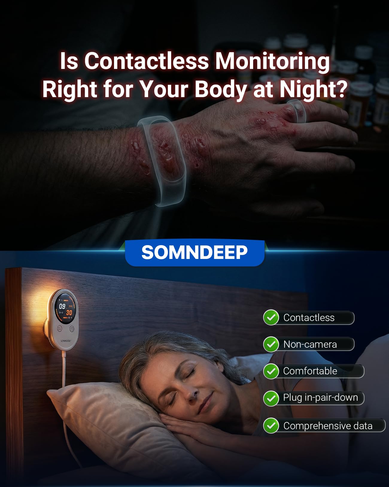 SOMNDEEP Contactless Health Monitor, Bedside Heart Rate & Breathing Monitor, Millimeter-Wave Radar, Precise Data, Medication Tracking, APP Sharing for Seniors or Patients with Chronic Diseases at Home