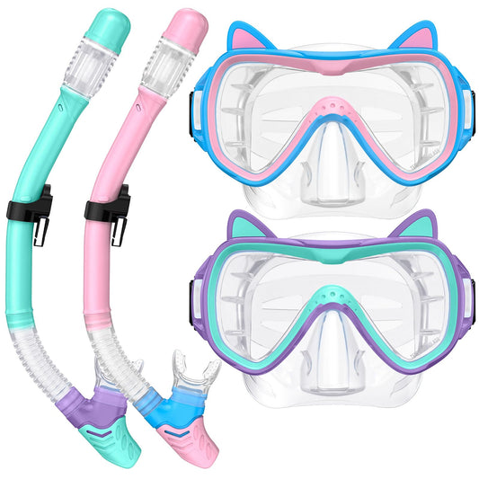 2025 Cute Kitten Kids Snorkel Set,Pastel Colors, Anti-Fog Tempered Glass Snorkeling Gear for Kids Age 6 and up – Ideal for Birthdays or Graduation Celebrations!