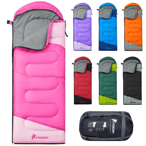 PTEROMY Sleeping Bags for Adults, Lightweight Water Resistant Backpacking Camping Sleeping Bag for Warm Cold Weather, Camping Essentials for Hiking Outdoor Travel (Pink)