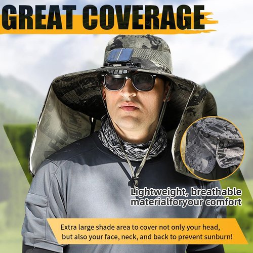 Solar Fan Hat with Neck Flap,Wide Brim Solar Fan Outdoor Fishing Hat,Upf50+ (C)