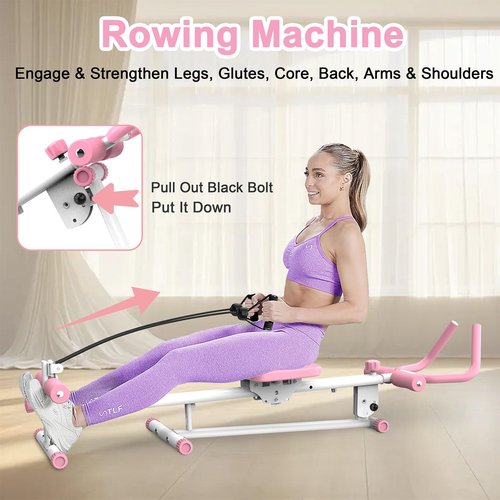 4-in-1 Workout Exercise Equipment, Rowing Machine/Leg Press Machine/Ab Glider Machine/Roman Chair, Fitness Equipment Home Gym for Abdominal & Core Strength Training (Pink)