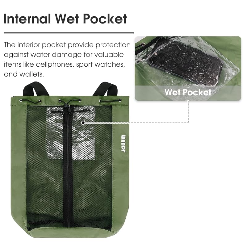 WANDF Swim Bag for Swimmers Mesh Beach Backpack Green Medium