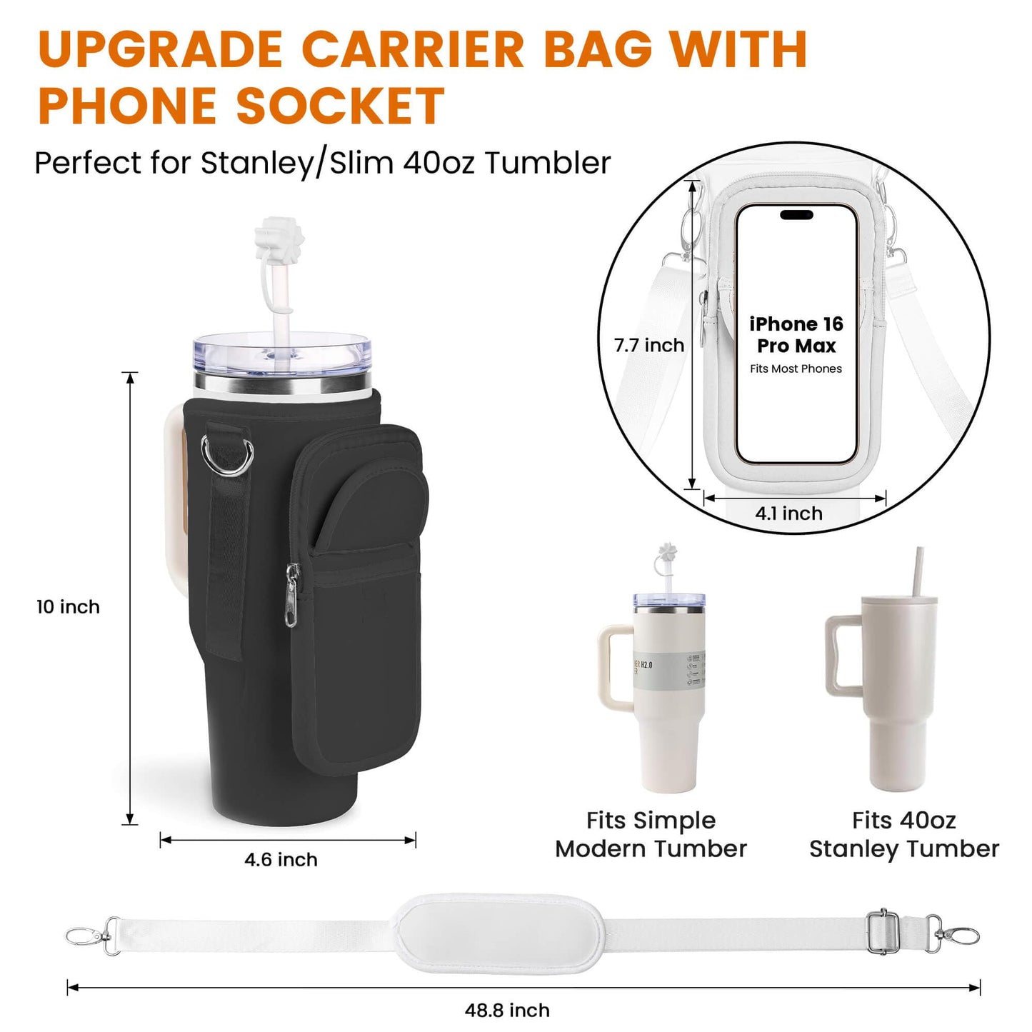 BOCMTR Water Bottle Holder with Strap for Stanley 30/40 oz Tumbler, Fashion Stanley Cup Bag with Big Phone Pocket, Silicone Boot, Straw Cover & Leak Proof Stoppers (Pink)