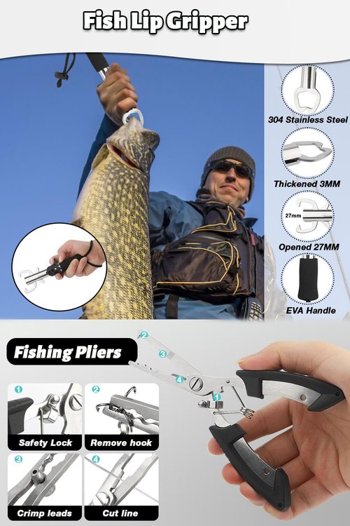 Fishing Pole Combo Set, 6.89ft Fishing Rod and Reel Combo, Carbon Fiber Telescopic Fishing Rod Kit with Spinning Reel, Fishing Pliers, Lip Gripper, Line, Lures for Beginner Angler (Silvery, 2.1M-1)