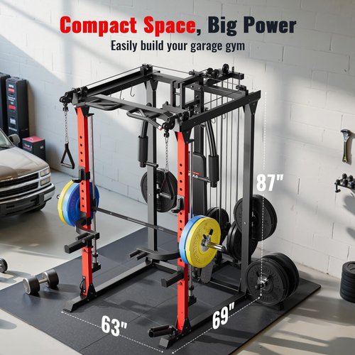ARMAC Smit Machine, Multi-Functional Power Cage for Home Gym, 2000LBS Squat Rack with Two LAT Pull-Down Systems, Cable Crossover Machine and and More Cable Attachment (Black)