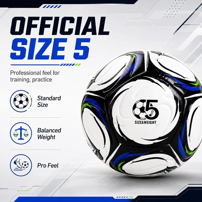 Soccer Ball Size 5 with Pump - Durable Indoor/Outdoor Training Ball, White with Black Panels